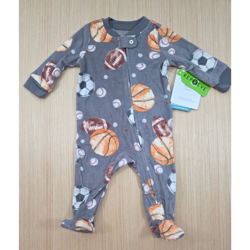 Burt's Bees Baby Sport Themed Balls Fleece Footed Gray Pajamas Baby 0-3M NWT